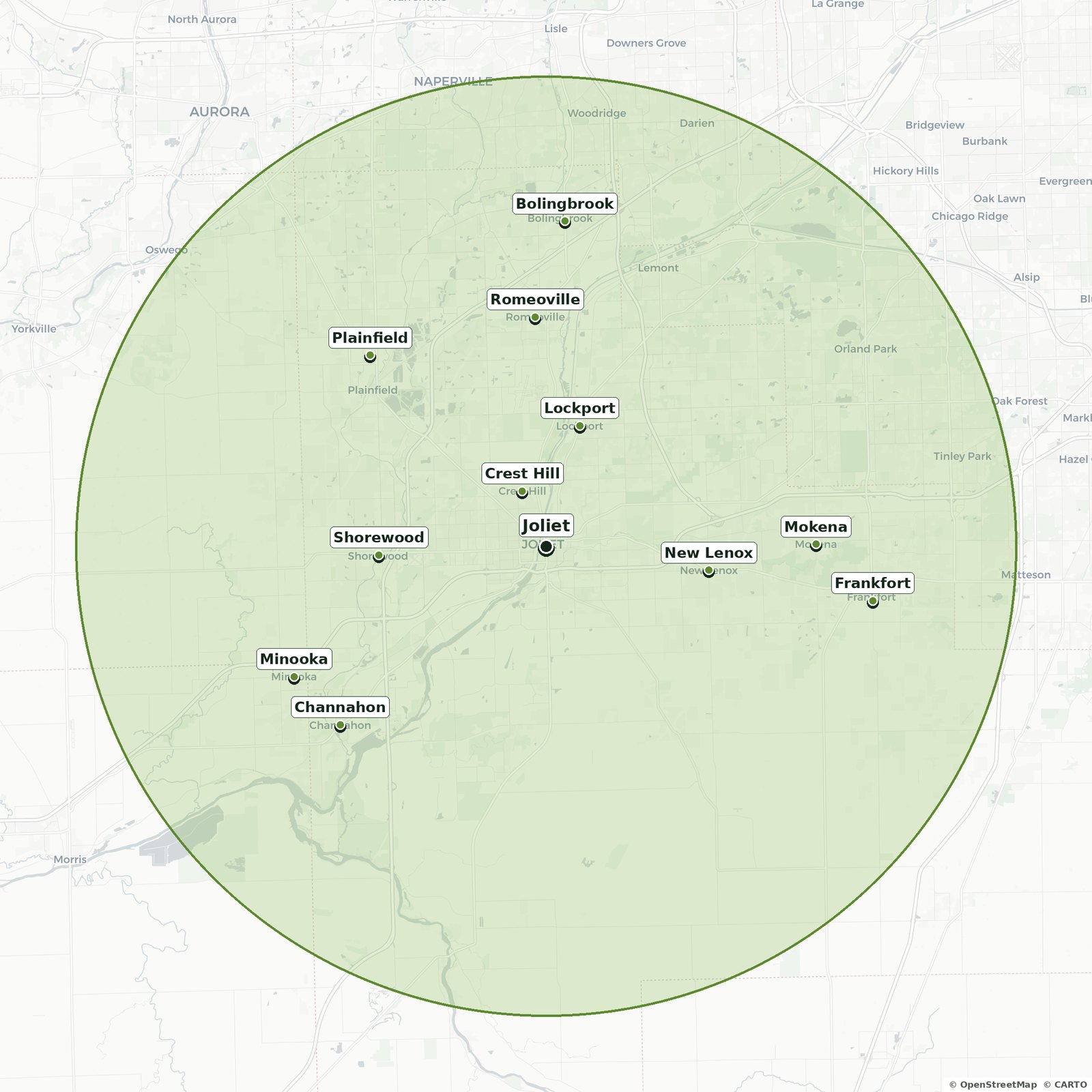 Map of the Greater Joliet area showing Real-Fresh Landscaping's service coverage, including Joliet, Plainfield, Shorewood, Crest Hill, Lockport, Romeoville, Bolingbrook, New Lenox, Mokena, Frankfort, Channahon, and Minooka.