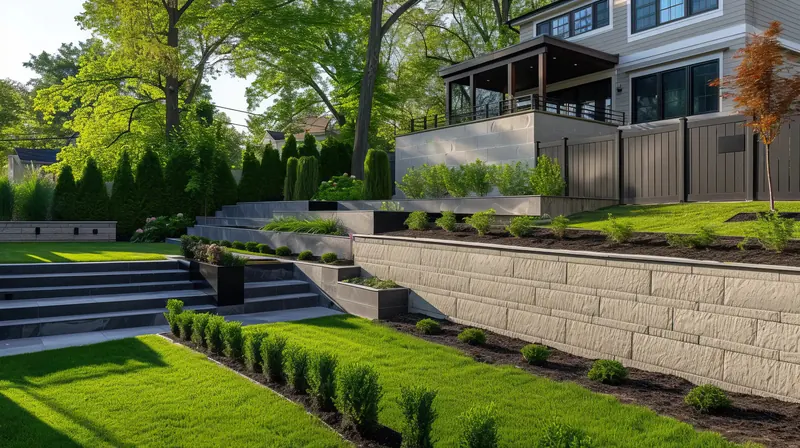 Tiered hardscape retaining walls and fresh landscaping